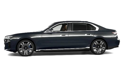 Black BMW i7 flagship sedan, side view