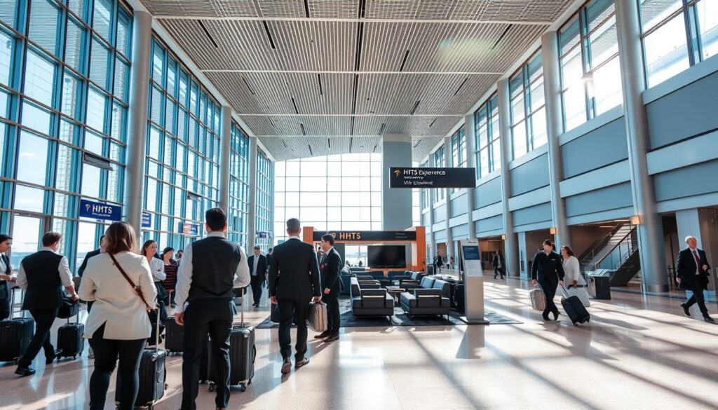 A bustling airport terminal, flooded with natural light streaming through vast windows. In the foreground, a team of HHTS concierge staff in crisp uniforms greet arriving passengers, offering personalized assistance with luggage and directions. In the middle ground, a stylish lounge area with plush seating and discreet signage invites guests to relax. The background reveals the grand architecture of the airport, with sleek lines and modern design elements. The overall atmosphere exudes a sense of efficiency, comfort, and exclusivity, befitting the "VIP Experience" promised by the HHTS meet and greet service.