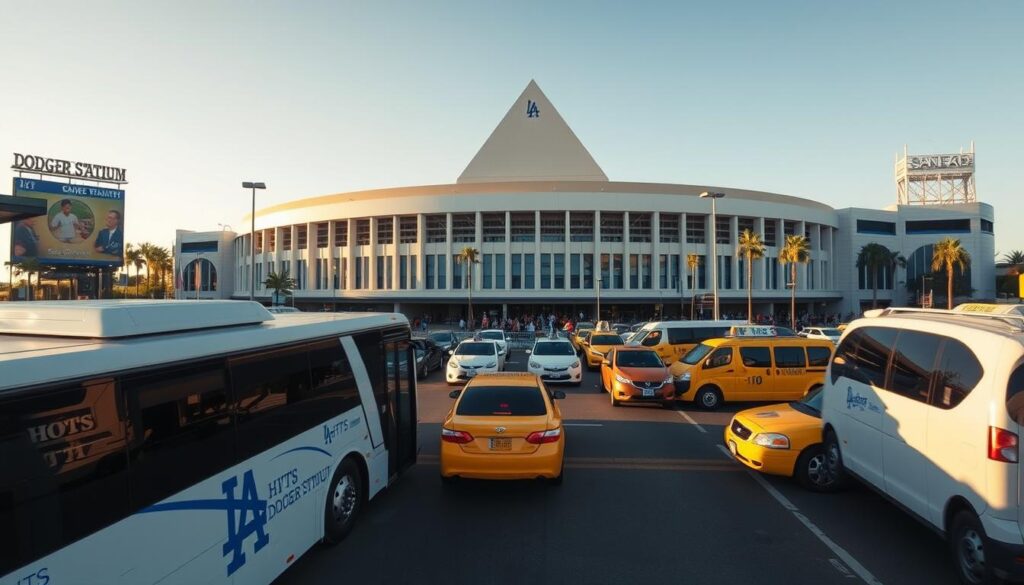 A bustling scene of Dodger Stadium's transport options, captured in a dynamic wide-angle shot. In the foreground, a fleet of HHTS shuttle buses waits to ferry fans from nearby parking lots, their sleek design and HHTS branding standing out. The middle ground features a steady stream of rideshare vehicles and taxis dropping off excited spectators at the stadium's entrance, while in the background, the iconic Dodger Stadium architecture rises, bathed in the golden glow of the California sun. The atmosphere is one of efficient and convenient transportation, perfectly complementing the energy of a game day at this legendary sports venue.