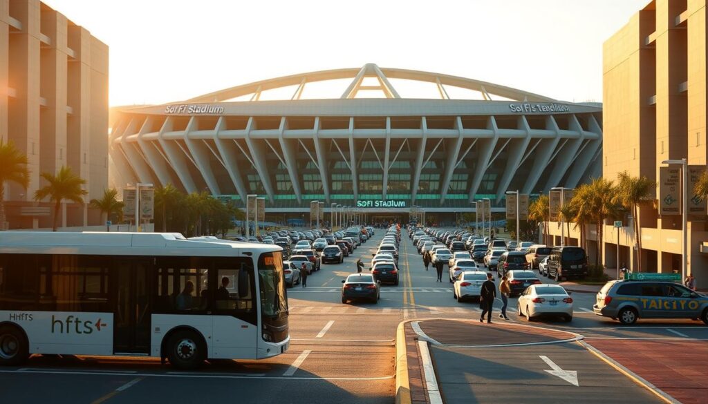 A bustling transportation hub at the grand SoFi Stadium, illuminated by warm, golden light. In the foreground, an electric HHTS shuttle glides smoothly along the dedicated transit lane, its sleek design mirroring the stadium's architectural elegance. In the middle ground, a fleet of rideshare vehicles and taxis queue to drop off guests, while pedestrians navigate the well-organized pathways. In the background, the iconic silhouette of SoFi Stadium rises majestically, its sweeping roof and angular facades casting dramatic shadows. The overall scene conveys a sense of efficient, seamless transportation, allowing visitors to easily access the stadium and enjoy the events within.