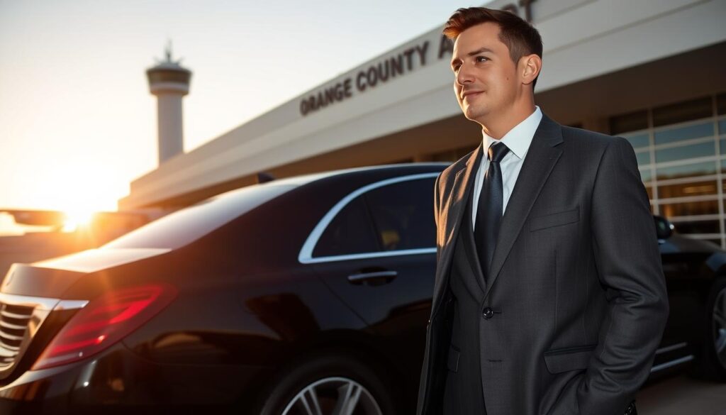 A chauffeur in a crisp, charcoal gray suit stands next to a sleek, black HHTS luxury sedan at the entrance of Orange County Airport. The setting sun casts a warm, golden glow, highlighting the chauffeur's polished appearance and the gleaming, chrome-accented vehicle. In the background, the modern architecture of the airport terminal rises, framed by a cloudless, azure sky. The chauffeur's posture exudes professionalism and attentiveness, ready to provide a smooth and memorable transportation experience for the arriving passenger.