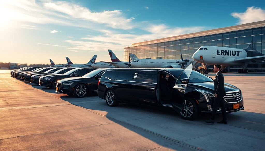 A fleet of luxury HHTS executive sedans and SUVs awaits on a pristine tarmac, their sleek silhouettes gleaming under the soft glow of warm lighting. The vehicles, meticulously detailed, exude an air of sophistication and refinement, befitting the discerning needs of corporate travelers. In the foreground, a chauffeur stands ready, holding the door of a black limousine, inviting passengers to step into the plush, leather-appointed interior. The background features the iconic architecture of a modern airport terminal, its glass façade reflecting the brilliant sky above. This scene conveys the epitome of premium airport transportation, blending seamless service with unparalleled comfort and style.