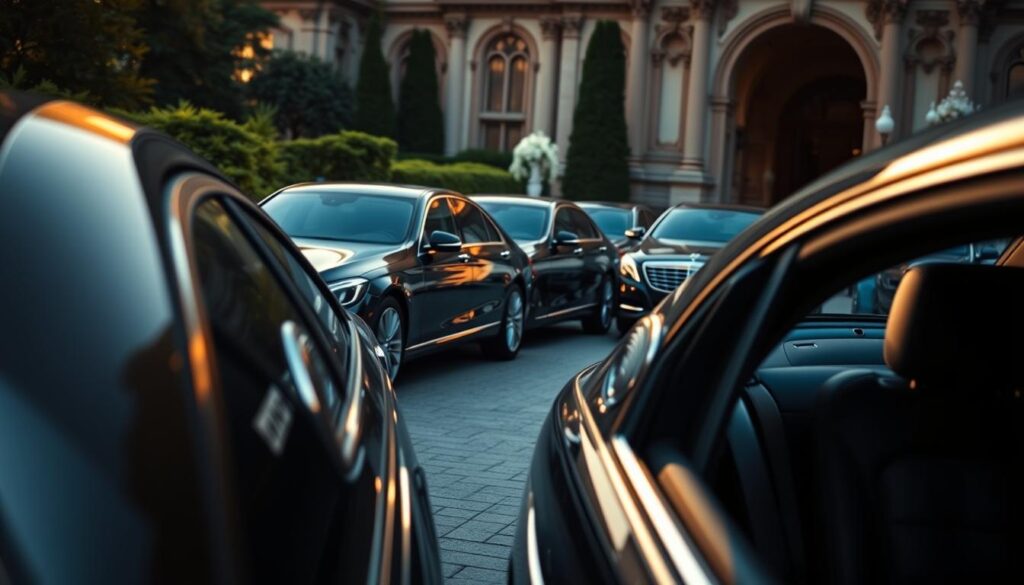 A fleet of sleek, HHTS executive sedans parked outside a grand, ornate wedding venue. The cars' elegant lines and gleaming chrome trim reflect the soft, golden lighting of the setting sun. The vehicles are arranged in a staggered formation, creating a sense of anticipation and arrival. In the foreground, the lead sedan's cabin is visible, its plush, leather interior hinting at the comfort and luxury within. The background features lush greenery and towering, architectural structures, setting the scene for a sophisticated, upscale wedding celebration. A fleet of sleek, HHTS executive sedans parked outside a grand, ornate wedding venue. The cars' elegant lines and gleaming chrome trim reflect the soft, golden lighting of the setting sun. The vehicles are arranged in a staggered formation, creating a sense of anticipation and arrival. In the foreground, the lead sedan's cabin is visible, its plush, leather interior hinting at the comfort and luxury within. The background features lush greenery and towering, architectural structures, setting the scene for a sophisticated, upscale wedding celebration.