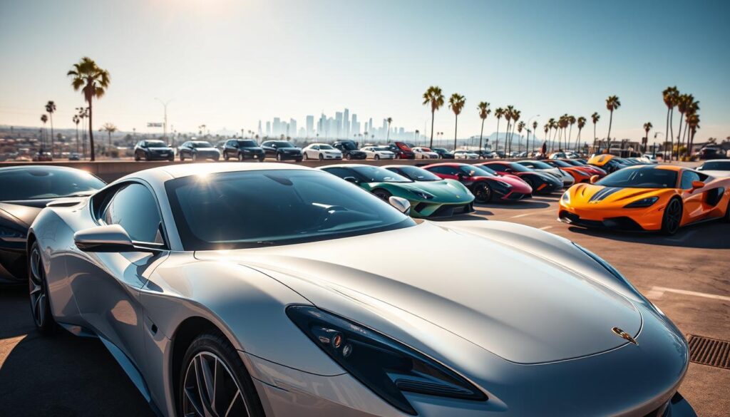 A gleaming fleet of luxury sports cars, meticulously detailed, glistening under the warm California sun. In the foreground, a sleek HHTS supercar, its curvaceous body exuding power and elegance. In the middle ground, a line of exotic vehicles - Lamborghinis, Ferraris, and Porsches - each a testament to automotive engineering. The background is a picturesque Los Angeles cityscape, skyline dotted with palm trees. The scene radiates an aura of exclusivity and opulence, inviting the viewer to imagine themselves behind the wheel, ready to make a bold statement on their special day. A gleaming fleet of luxury sports cars, meticulously detailed, glistening under the warm California sun. In the foreground, a sleek HHTS supercar, its curvaceous body exuding power and elegance. In the middle ground, a line of exotic vehicles - Lamborghinis, Ferraris, and Porsches - each a testament to automotive engineering. The background is a picturesque Los Angeles cityscape, skyline dotted with palm trees. The scene radiates an aura of exclusivity and opulence, inviting the viewer to imagine themselves behind the wheel, ready to make a bold statement on their special day.