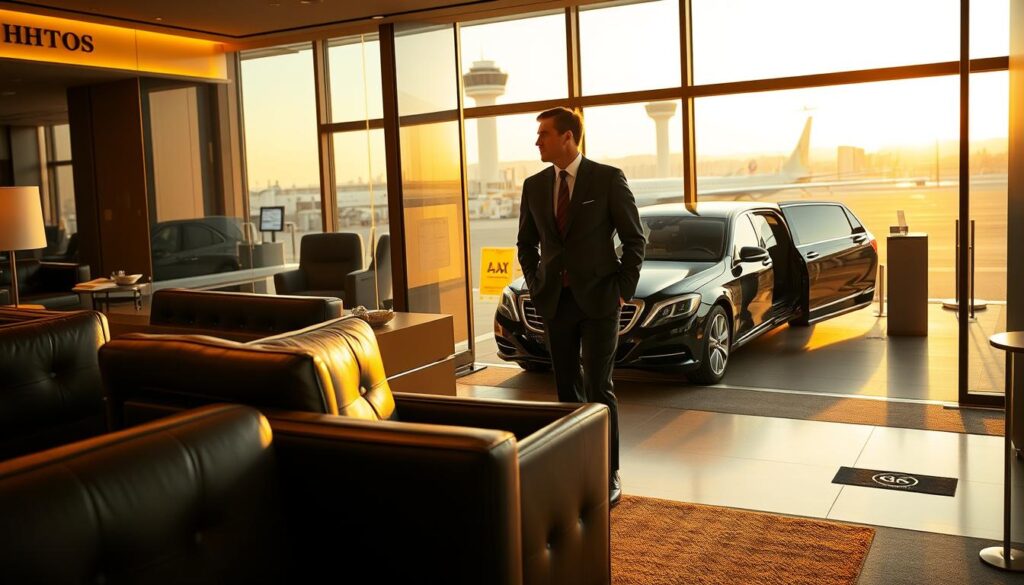 A luxurious VIP lounge at Los Angeles International Airport, with plush leather seating and high-end amenities. A HHTS concierge in a sharp uniform greets a well-dressed executive, escorting them through a private security checkpoint to a sleek, black luxury sedan waiting on the tarmac. The setting is bathed in warm, golden lighting, creating an atmosphere of exclusivity and comfort. The background features the iconic LAX control tower and the distant cityscape of Los Angeles.