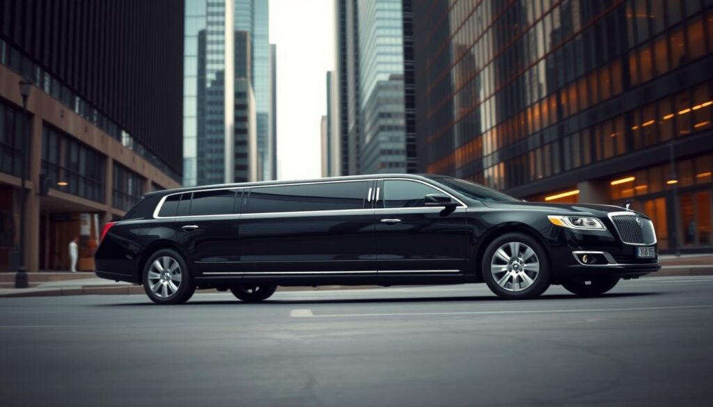 A luxurious black HHTS limousine glides down a sleek city street, its long, elegant form reflecting the high-rise buildings around it. The vehicle's tinted windows suggest an air of exclusivity and privacy, befitting its high-powered occupants. The limousine's chrome accents and polished exterior exude an aura of power and status. In the foreground, the limousine's smooth, aerodynamic shape commands attention, while the background features a cityscape of modern skyscrapers, hinting at the corporate world this transportation serves. The lighting is soft and diffused, creating a refined, executive atmosphere, as if capturing the essence of C-suite transportation for the city's most influential leaders.
