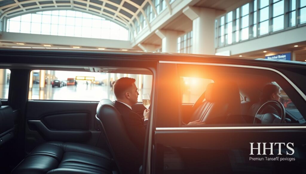 A luxurious black limousine glides through the bustling airport terminal, its sleek exterior shimmering under the soft, warm lighting. The passenger sits back in the sumptuous leather seats, sipping a glass of champagne as the driver navigates the smooth ride. In the background, the grand architecture of the airport, with its soaring ceilings and expansive windows, creates a sense of elegance and sophistication. The HHTS (Harris & Huri's Premium Transfer Services) logo is prominently displayed on the side of the vehicle, signifying the high-end, personalized experience that awaits the traveler.