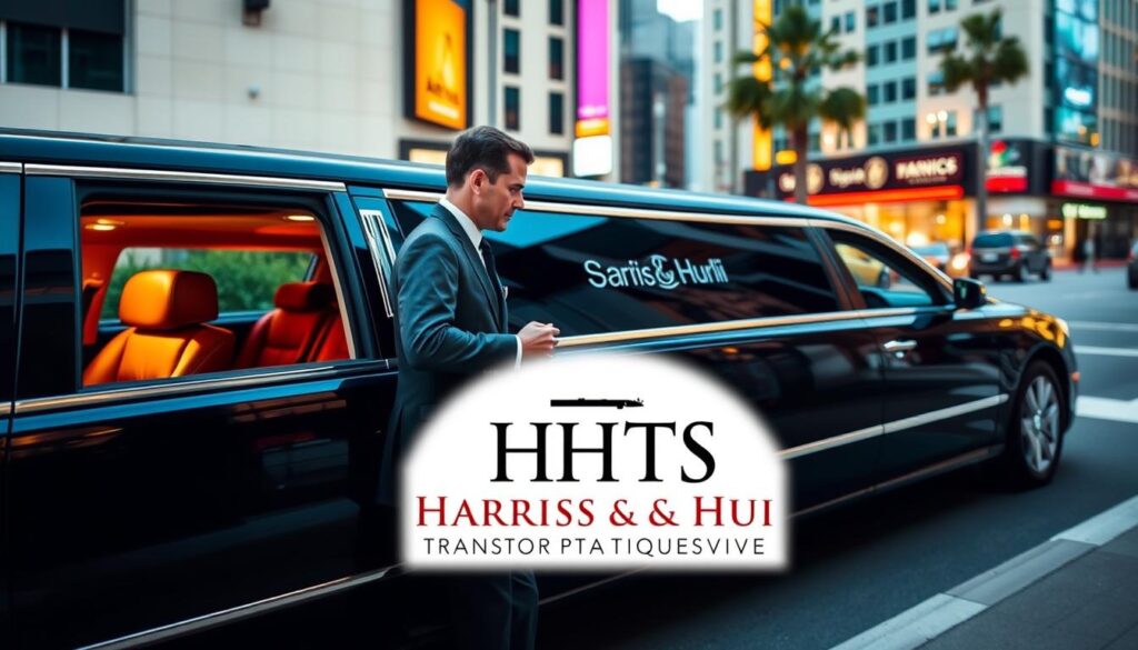 A luxurious black limousine with the HHTS logo gleaming on its side, waiting at the curb of a bustling Los Angeles street. The chauffeur, dressed in a crisp uniform, holds the door open as a well-dressed passenger steps inside. Warm, soft lighting illuminates the interior's rich leather seats and polished wood accents. The vehicle glides smoothly through the city, offering a private, comfortable haven from the vibrant urban landscape outside. In the foreground, the HHTS wordmark prominently displays the brand's commitment to exceptional transportation services. This image conveys the exclusive, personalized experience that the Harris & Huri Transportation Services promise to their discerning clients.