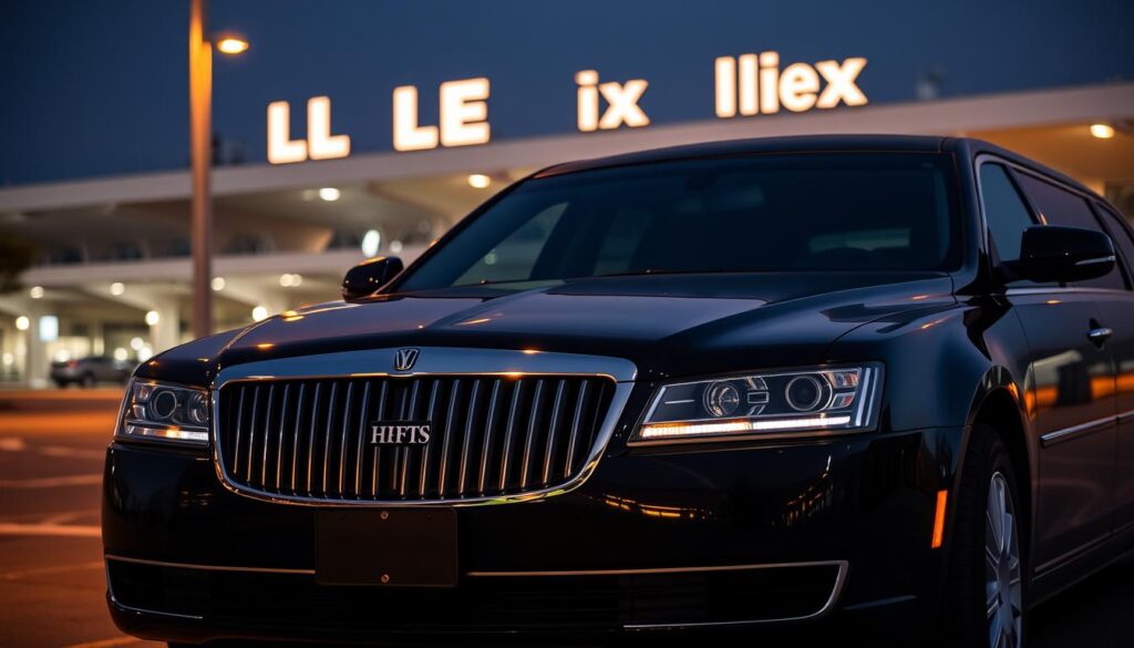 A luxurious black limousine with tinted windows and sleek chrome detailing, parked in front of the iconic LAX airport terminal. The vehicle is illuminated by warm, golden lighting that casts a soft glow, creating an atmosphere of sophistication and exclusivity. The limousine's grille features the distinctive "HHTS" logo, signifying high-end transportation services. In the background, the airport's modern architecture and bustling activity provide a dynamic contrast, emphasizing the private and elevated nature of this luxury transportation experience.