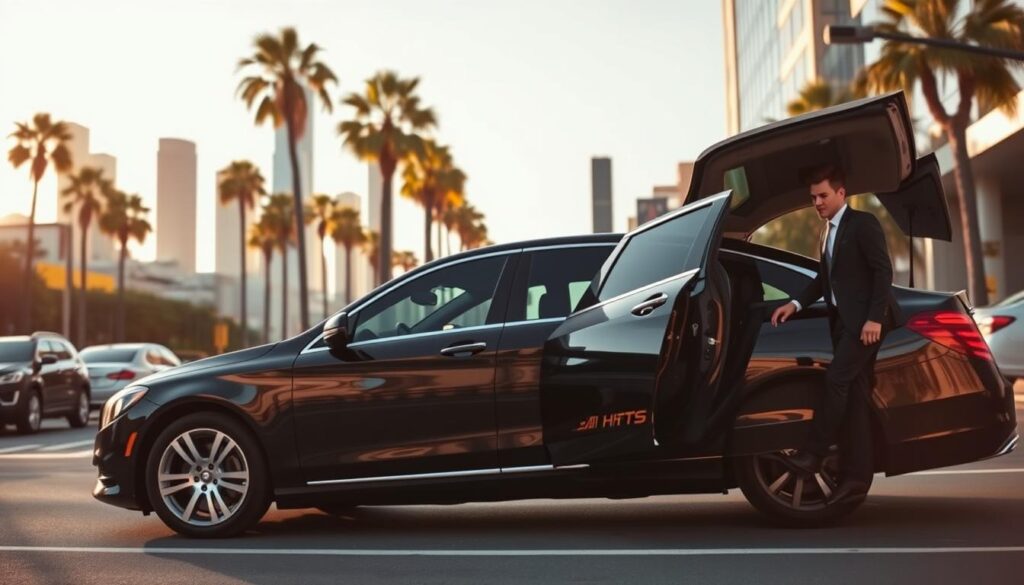A modern, sleek black sedan with the HHTS logo prominently displayed on the side pulls up to the curb on a bustling Los Angeles street. The driver, dressed in a sharp suit, steps out and opens the rear door, revealing a spacious, luxurious interior. In the background, the iconic skyline of Los Angeles is visible, with palm trees swaying gently in the warm, golden light of the afternoon sun. The scene conveys a sense of high-end, on-demand transportation, ready to whisk passengers to their destination in style and comfort.