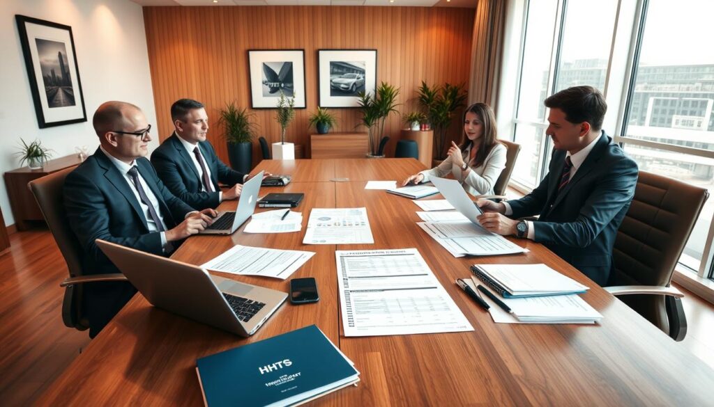 A modern, sleek office setting with a large wooden conference table. On the table, a laptop, a calculator, and various financial documents and spreadsheets detailing a car service budget for a business event. HHTS branded folders and stationery are neatly arranged. The room is well-lit with warm, natural lighting filtering through large windows, creating a professional and focused atmosphere. A few potted plants and framed artwork on the walls add a touch of sophistication. Executives in formal attire are seated around the table, engaged in a collaborative discussion about the event transportation logistics and costs. A modern, sleek office setting with a large wooden conference table. On the table, a laptop, a calculator, and various financial documents and spreadsheets detailing a car service budget for a business event. HHTS branded folders and stationery are neatly arranged. The room is well-lit with warm, natural lighting filtering through large windows, creating a professional and focused atmosphere. A few potted plants and framed artwork on the walls add a touch of sophistication. Executives in formal attire are seated around the table, engaged in a collaborative discussion about the event transportation logistics and costs.