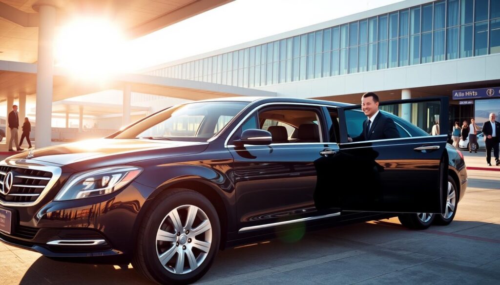 A sleek black HHTS executive sedan awaits passengers at the curb of Los Angeles International Airport. The vehicle's chrome accents gleam under the warm afternoon sunlight, exuding an air of sophistication. Inside, plush leather seats and a spacious cabin offer a comfortable ride, with amenities like climate control and a built-in entertainment system. The driver, dressed in a crisp uniform, greets travelers with a welcoming smile, ready to transport them to their destination in style and efficiency. The airport's modern architecture forms an elegant backdrop, complementing the luxury of the HHTS service.