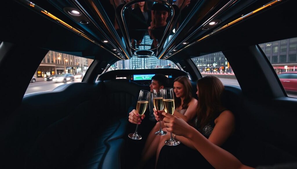 A sleek, black HHTS limousine glides through the city streets, its chrome accents gleaming under the soft glow of streetlights. The interior is a luxurious tableau of plush leather seating, mood lighting, and state-of-the-art entertainment systems. Champagne flutes clink as prom-goers toast to the night, surrounded by mirrored surfaces and opulent details that elevate the experience. Through the tinted windows, the bustling city skyline provides a dramatic backdrop, hinting at the excitement and anticipation of the evening ahead. The limousine's smooth ride and attentive driver ensure a safe, stylish arrival, setting the stage for an unforgettable prom night. A sleek, black HHTS limousine glides through the city streets, its chrome accents gleaming under the soft glow of streetlights. The interior is a luxurious tableau of plush leather seating, mood lighting, and state-of-the-art entertainment systems. Champagne flutes clink as prom-goers toast to the night, surrounded by mirrored surfaces and opulent details that elevate the experience. Through the tinted windows, the bustling city skyline provides a dramatic backdrop, hinting at the excitement and anticipation of the evening ahead. The limousine's smooth ride and attentive driver ensure a safe, stylish arrival, setting the stage for an unforgettable prom night.