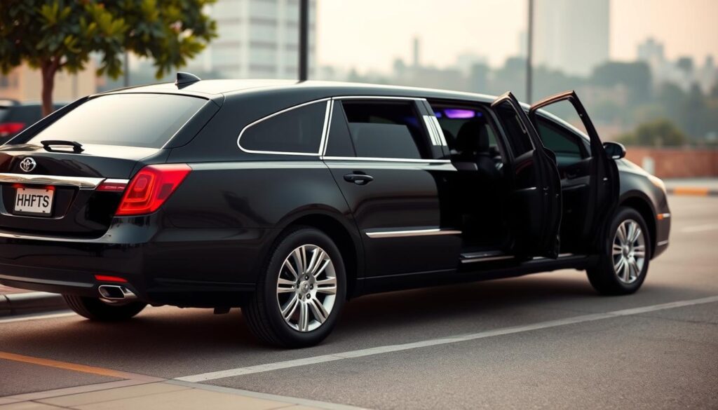A sleek black HHTS limousine pulls up to the curb, its chrome accents gleaming under the soft lighting. The driver, in a crisp uniform, steps out and opens the door, revealing a plush interior adorned with leather seating and subtle mood lighting. Elegant and professional, the vehicle conveys a sense of luxury and safety, perfect for transporting teens to their prom in style and security. In the foreground, the limousine is the focal point, while the background blurs into a hazy urban landscape, emphasizing the car's importance as the safe haven for the special occasion. The overall scene exudes a sense of sophistication and responsible transportation, highlighting the care and attention given to ensuring a memorable and secure prom night. A sleek black HHTS limousine pulls up to the curb, its chrome accents gleaming under the soft lighting. The driver, in a crisp uniform, steps out and opens the door, revealing a plush interior adorned with leather seating and subtle mood lighting. Elegant and professional, the vehicle conveys a sense of luxury and safety, perfect for transporting teens to their prom in style and security. In the foreground, the limousine is the focal point, while the background blurs into a hazy urban landscape, emphasizing the car's importance as the safe haven for the special occasion. The overall scene exudes a sense of sophistication and responsible transportation, highlighting the care and attention given to ensuring a memorable and secure prom night.