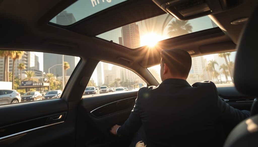 A sleek, black luxury sedan cruises through the bustling streets of Los Angeles, its HHTS logo gleaming on the side. The driver, dressed in a crisp, professional uniform, navigates the city's winding roads with expert precision, ensuring a smooth and comfortable journey for the passenger in the backseat. The interior of the vehicle is plush and well-appointed, offering a peaceful respite from the chaos of the city. Sunlight filters through the tinted windows, casting a warm glow and creating a sense of tranquility. The cityscape of Los Angeles, with its iconic skyscrapers and palm trees, forms a dynamic backdrop, hinting at the freedom and convenience that a personal driver can provide. A sleek, black luxury sedan cruises through the bustling streets of Los Angeles, its HHTS logo gleaming on the side. The driver, dressed in a crisp, professional uniform, navigates the city's winding roads with expert precision, ensuring a smooth and comfortable journey for the passenger in the backseat. The interior of the vehicle is plush and well-appointed, offering a peaceful respite from the chaos of the city. Sunlight filters through the tinted windows, casting a warm glow and creating a sense of tranquility. The cityscape of Los Angeles, with its iconic skyscrapers and palm trees, forms a dynamic backdrop, hinting at the freedom and convenience that a personal driver can provide.