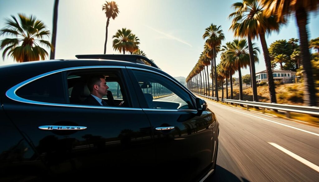 A sleek, black luxury sedan glides down a sun-dappled California highway, its chrome accents gleaming. Inside, a well-dressed HHTS chauffeur drives with precision, ensuring a VIP passenger enjoys the utmost comfort and elegance. The interior is outfitted with premium leather seating, a built-in bar, and a state-of-the-art entertainment system. Towering palm trees line the road, casting soft shadows on the vehicle as it winds through the picturesque landscape. The overall atmosphere exudes a sense of sophistication, exclusivity, and the promise of a truly memorable journey. A sleek, black luxury sedan glides down a sun-dappled California highway, its chrome accents gleaming. Inside, a well-dressed HHTS chauffeur drives with precision, ensuring a VIP passenger enjoys the utmost comfort and elegance. The interior is outfitted with premium leather seating, a built-in bar, and a state-of-the-art entertainment system. Towering palm trees line the road, casting soft shadows on the vehicle as it winds through the picturesque landscape. The overall atmosphere exudes a sense of sophistication, exclusivity, and the promise of a truly memorable journey.
