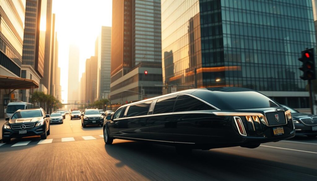 A sleek, executive HHTS limousine glides through the bustling streets of Los Angeles, its chrome accents gleaming in the warm afternoon sunlight. The vehicle's spacious interior is outfitted with plush leather seats, a minibar, and a state-of-the-art entertainment system, catering to the needs of corporate leaders and high-profile passengers. In the foreground, the limousine's elegant profile is framed by towering skyscrapers, their glass facades reflecting the city's vibrant energy. The middle ground features a busy downtown intersection, where other luxury vehicles navigate the traffic, contributing to the air of exclusivity and sophistication. The background is hazy with a soft, cinematic lighting, creating a sense of opulence and refinement, perfectly suited for the discerning executive clientele.