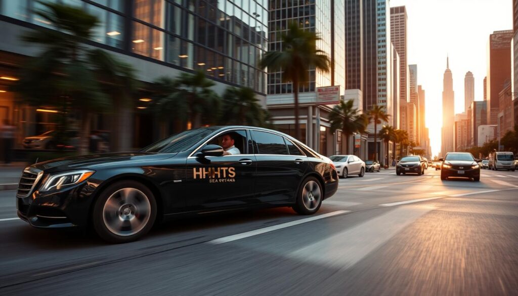 A sophisticated black sedan with the "HHTS" logo gracefully glides through the bustling streets of Los Angeles. The vehicle's sleek, aerodynamic design is accentuated by the warm, golden light of the setting sun, casting a gentle glow across its polished surface. The driver, dressed in a crisp, tailored uniform, maintains a calm and professional demeanor as they expertly navigate the city's winding roads, providing a smooth and effortless ride for their passenger. In the background, the iconic skyscrapers and landmarks of downtown LA create a vibrant, metropolitan backdrop, conveying a sense of urban sophistication and convenience. A sophisticated black sedan with the "HHTS" logo gracefully glides through the bustling streets of Los Angeles. The vehicle's sleek, aerodynamic design is accentuated by the warm, golden light of the setting sun, casting a gentle glow across its polished surface. The driver, dressed in a crisp, tailored uniform, maintains a calm and professional demeanor as they expertly navigate the city's winding roads, providing a smooth and effortless ride for their passenger. In the background, the iconic skyscrapers and landmarks of downtown LA create a vibrant, metropolitan backdrop, conveying a sense of urban sophistication and convenience.