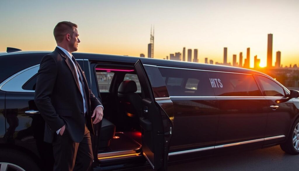 A stylish chauffeur wearing a crisp, dark suit stands by the sleek HHTS-branded limousine, its glossy black exterior reflecting the vibrant lights of downtown Los Angeles. The driver holds the door open, welcoming passengers into the luxurious cabin adorned with plush leather seats and elegant wood trim. Beyond the limousine, the iconic skyline of Los Angeles rises, bathed in the warm glow of the setting sun, creating a sophisticated and exclusive atmosphere for a private sightseeing tour.