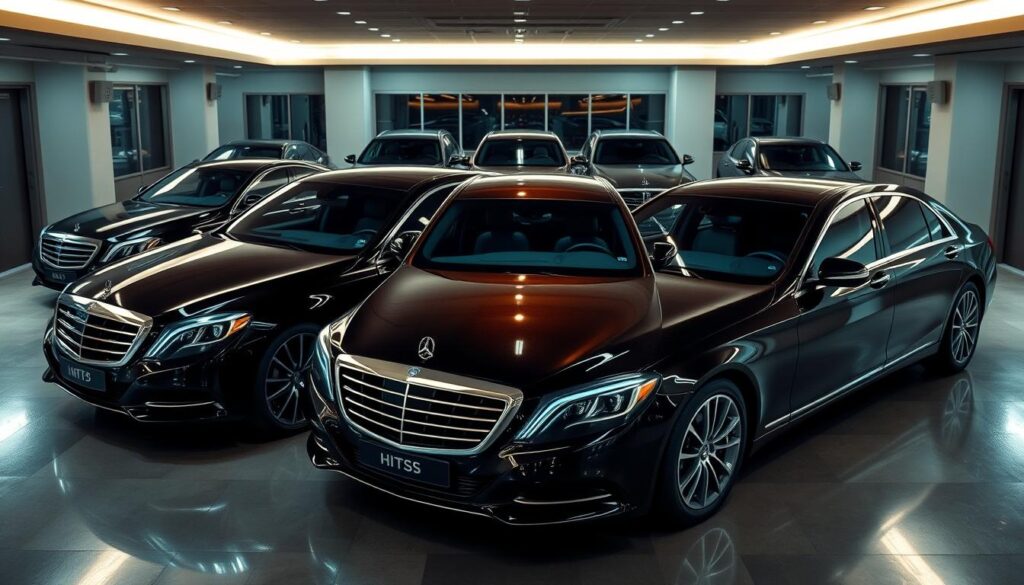 Elegant and sophisticated luxury sedans in a private executive transportation setting. High-end HHTS vehicles in a sleek, modern garage with clean lines and warm lighting. Polished chrome accents, supple leather interiors, and advanced driver-assistance features. The sedans are positioned in a symmetrical layout, creating a sense of refinement and attention to detail. Subtle shadows and reflections on the glossy paint enhance the premium feel. An atmosphere of exclusivity and professionalism, ready to transport discerning guests and clients in style. Elegant and sophisticated luxury sedans in a private executive transportation setting. High-end HHTS vehicles in a sleek, modern garage with clean lines and warm lighting. Polished chrome accents, supple leather interiors, and advanced driver-assistance features. The sedans are positioned in a symmetrical layout, creating a sense of refinement and attention to detail. Subtle shadows and reflections on the glossy paint enhance the premium feel. An atmosphere of exclusivity and professionalism, ready to transport discerning guests and clients in style.