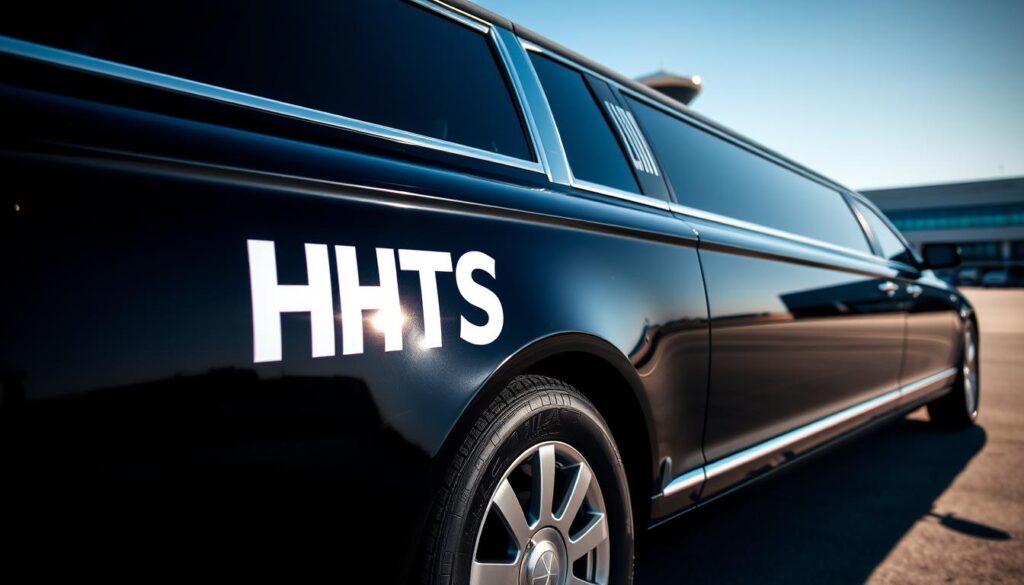 High-end luxury limousine on the tarmac at Los Angeles International Airport (LAX), with the HHTS logo prominently displayed on the side of the vehicle. The limousine is gleaming in the bright sunlight, its sleek black exterior reflecting the surrounding environment. The airport terminal building is visible in the background, creating a sense of place. The image has a crisp, high-resolution appearance, with a shallow depth of field that keeps the limousine in sharp focus while softening the background. The overall tone is one of sophistication, elegance, and premium transportation.