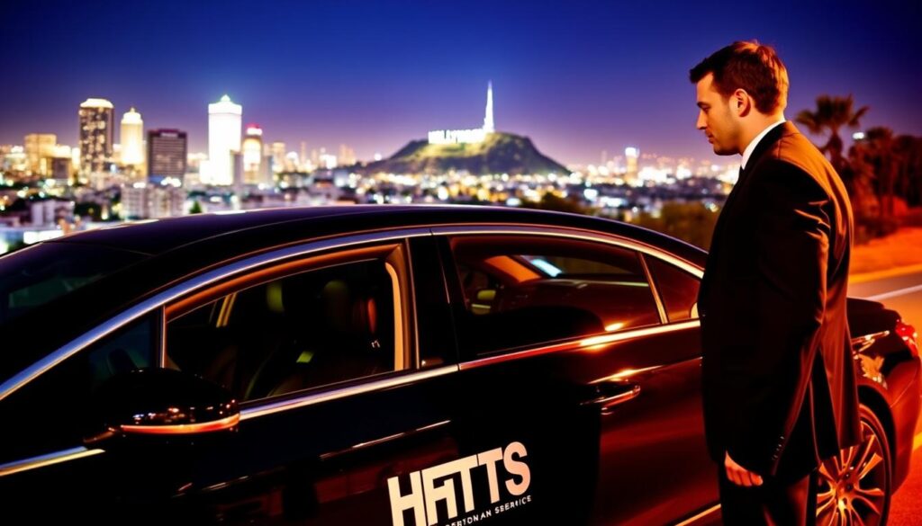 Prompt A bustling cityscape of Los Angeles, with the iconic Hollywood sign in the distance. In the foreground, a modern, sleek black luxury sedan adorned with the HHTS logo, its driver waiting attentively by the open door. The interior of the car is visible, offering a glimpse of the comfortable leather seating and polished dashboard. The lighting is warm and inviting, creating a sense of sophistication and professionalism. The scene conveys the convenience and elegance of an hourly car rental with driver service, catering to the needs of discerning Angelenos and visitors alike.